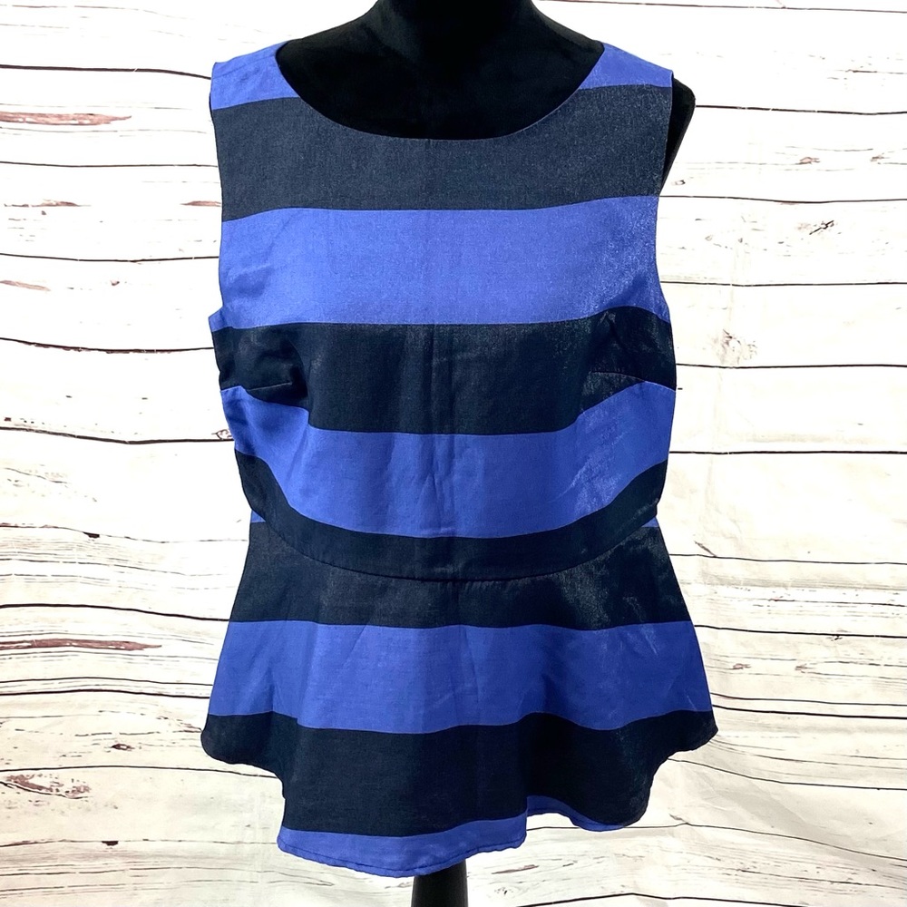 Banana Republic Top Women’s 14 Blue Sleeveless Peplum Striped Shiny